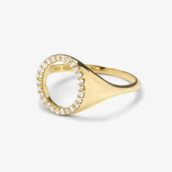 Aria - 18Ct Gold, Pave Diamond Circle Signet Ring^The Alkemistry Shop
