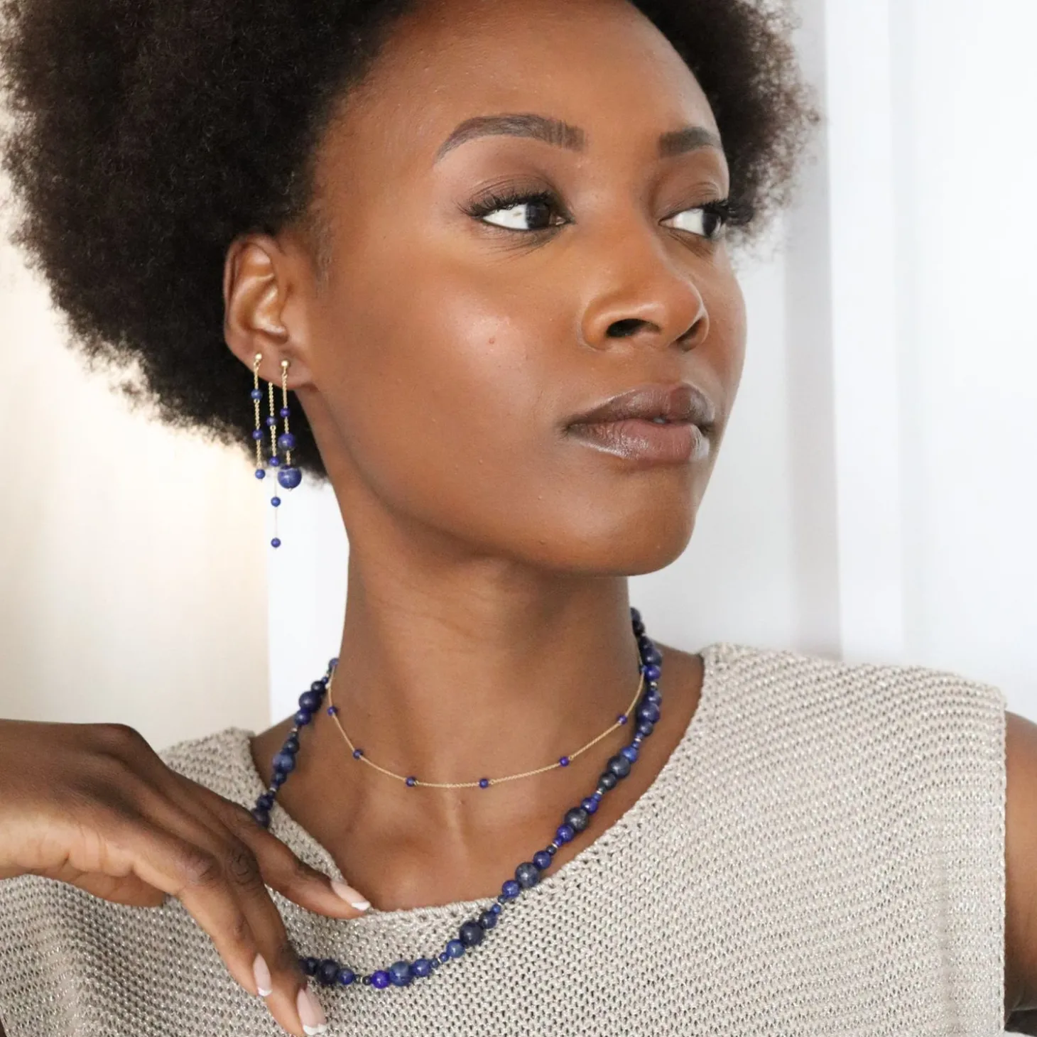Boba - 18Ct Gold, Lapis Bead And Chain Double Earring (Pair)^The Alkemistry Clearance