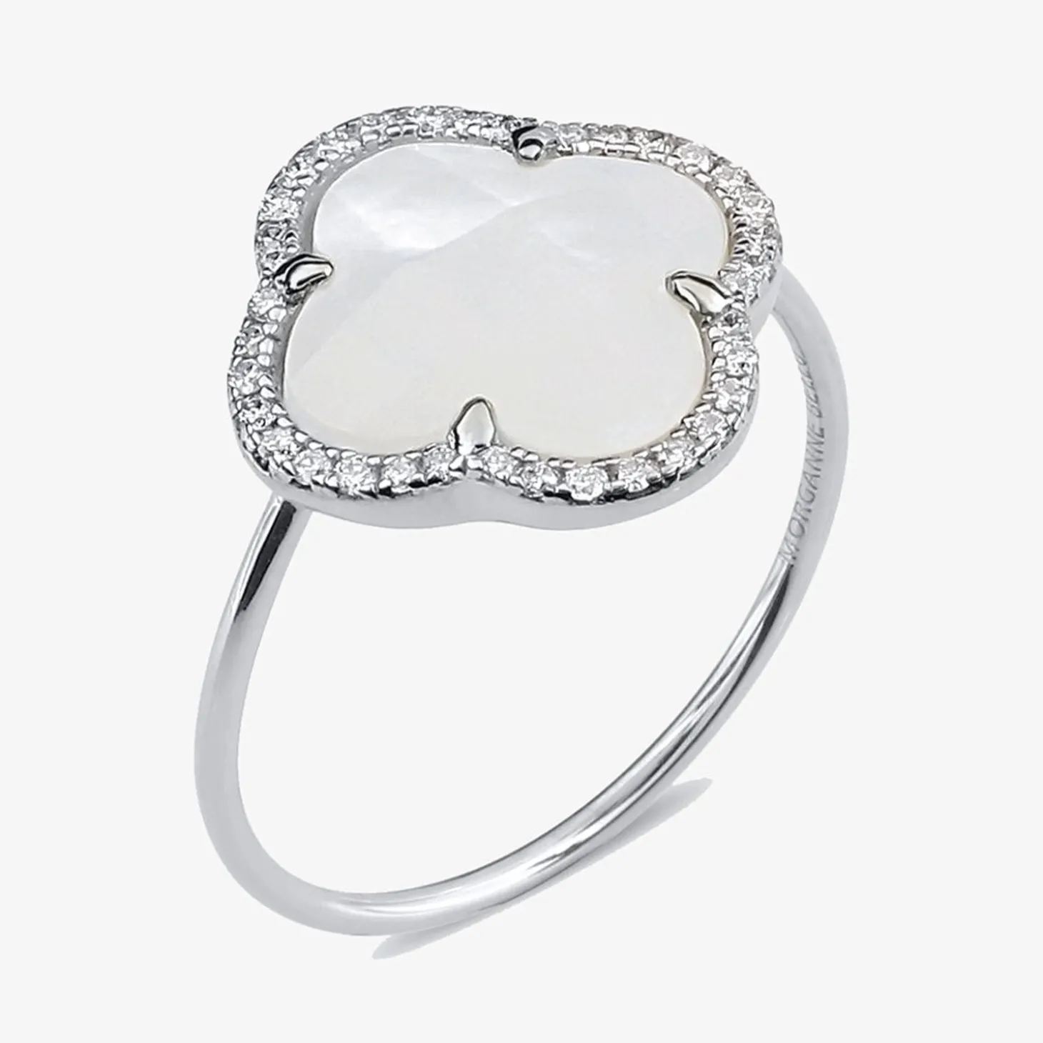 Morganne Bello 18Ct White Gold Victoria Clover Diamond Mother Of Pearl Ring^The Alkemistry Shop