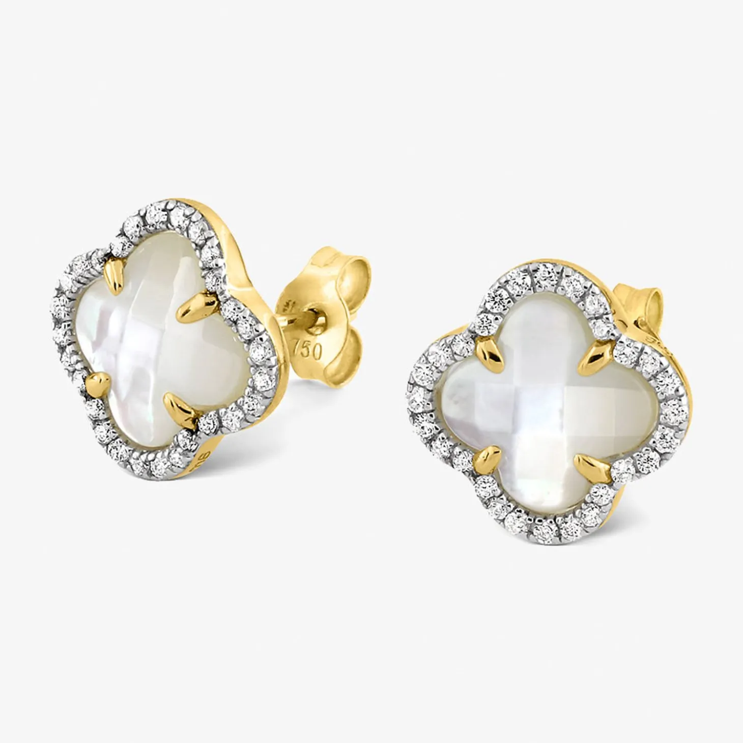 Morganne Bello 18Ct Yellow Gold Victoria Clover Mother Of Pearl And Diamond Studs (Pair)^The Alkemistry Hot
